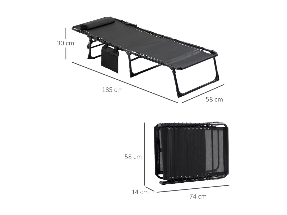 Bain de soleil transat pliable avec poignée - dossier inclinable multi-positions, pochette, tétière - acier époxy lacets élastiques textilène noir
