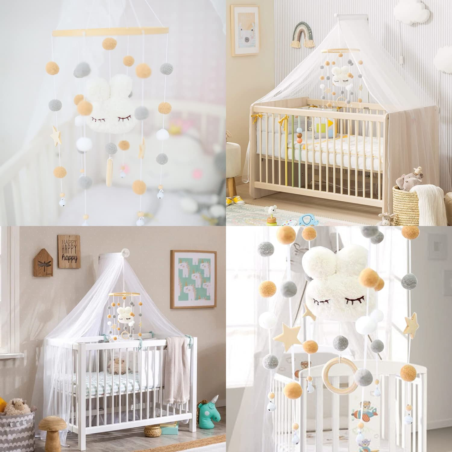 Baby Holz Mobile Babybett Spiel Bogen Kinderzimmer Hasen Dekoration mit Glöckchen / Greifling - Braun / Grau / Weiss