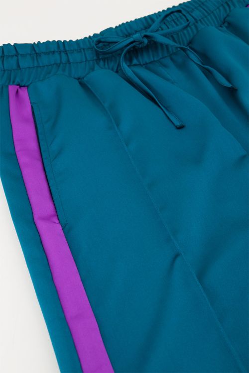 Petrol satijnen wide leg broek met paarse tape