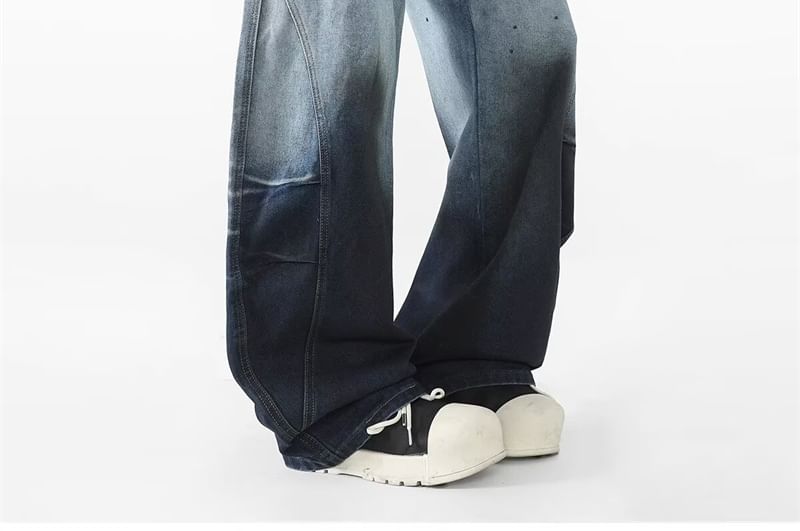 AXEN - Mid Rise Gradient Washed Wide Leg Jeans