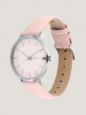 Relógio com pulseira de couro rosa e aço inoxidável