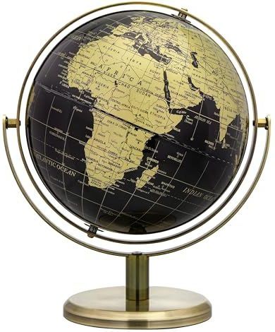 EXERZ 20 cm Globe Zwart & Goud, 360° Draaibaar – Wereldbol Educatief Geografisch – Bronzen Boog en Basis. Engelse Kaart.