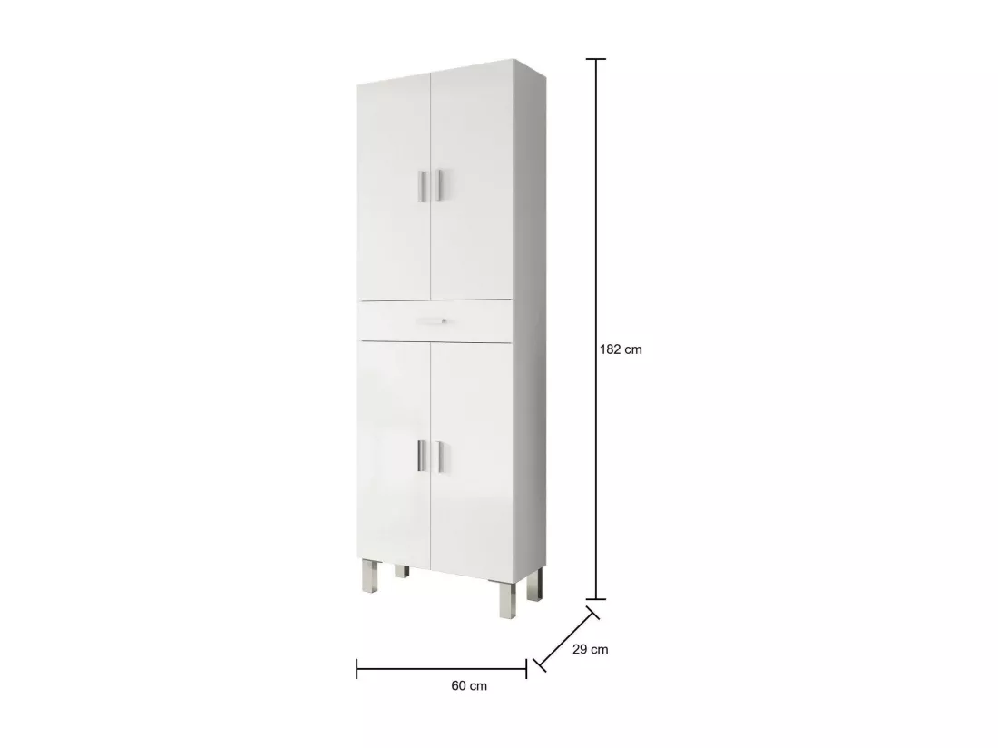 Armoire polyvalente Delobo, Meuble de salle de bain ou buanderie avec 4 portes et 1 tiroir, Armoire à chaussures polyvalente, 60x29h182 cm, Blanc brillant