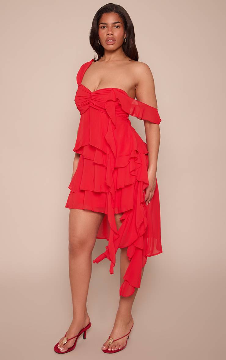 Rouge Robe Courte Trapèze À Épaules Dénudées Avec Détail Drapé Sculptant