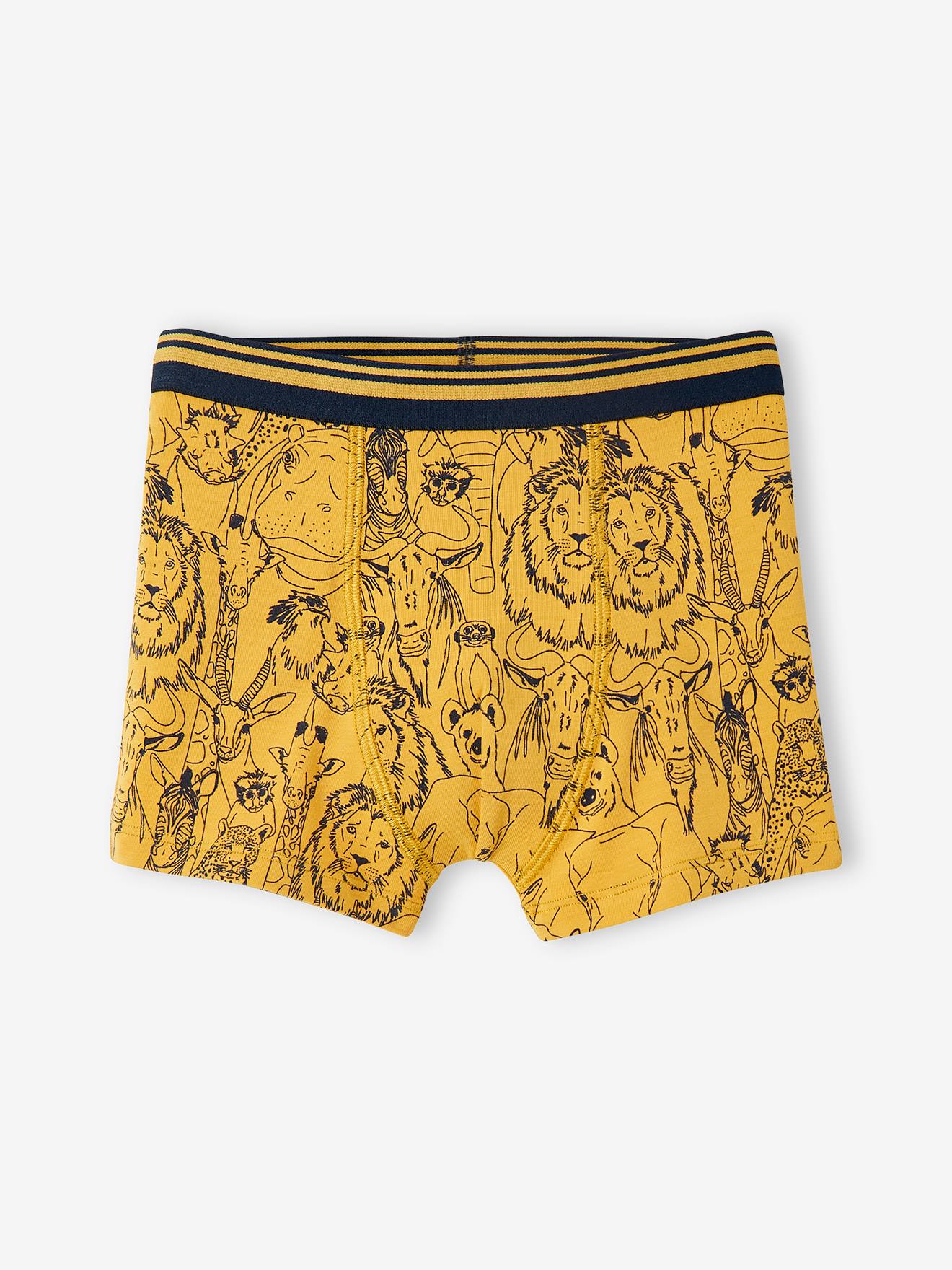 Pacote com 3 cuecas boxer Safari, tamanho médio, estampa amarela.