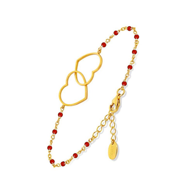 Bracelet Argent Doré Coeur Et Pierre Onyx Rouge