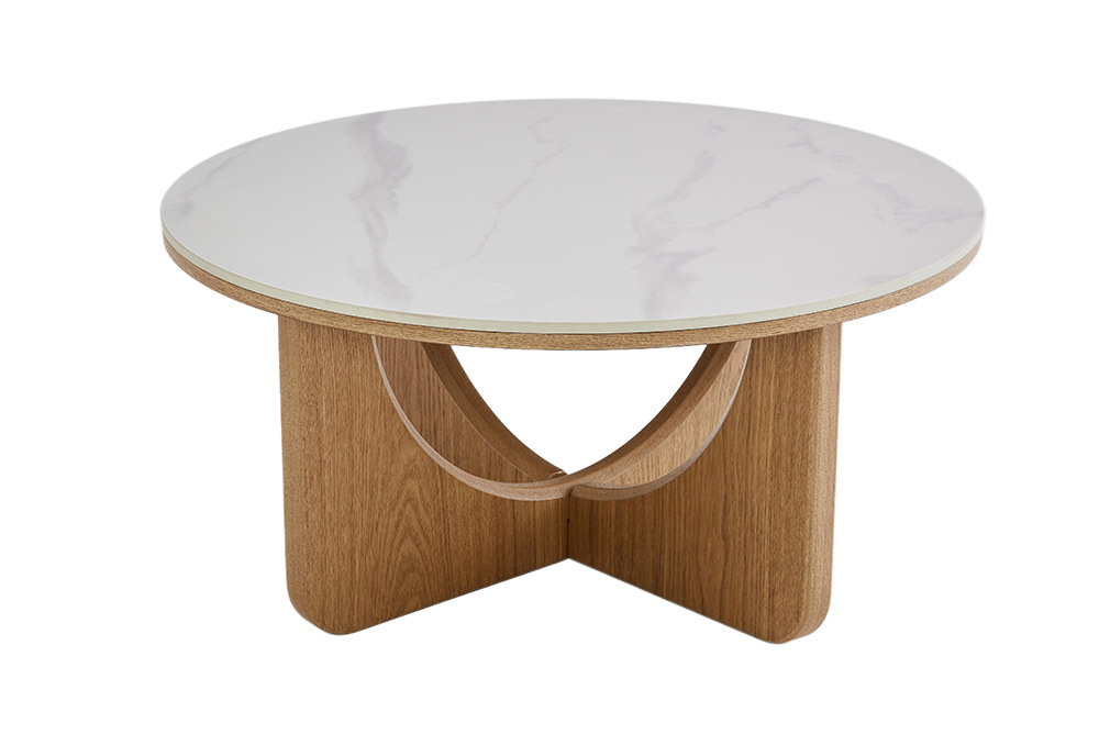 Runder Couchtisch ENSO 80cm weiß Marmor Keramik Eichenholz