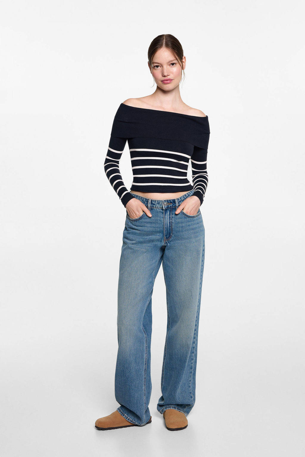 MANGO TEEN gebreide offshoulder truimarine/wit