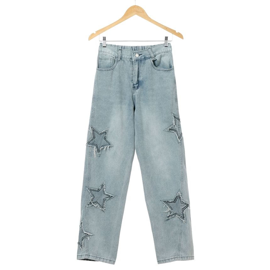 Whyessa - Rechte jeans met geborduurde sterren