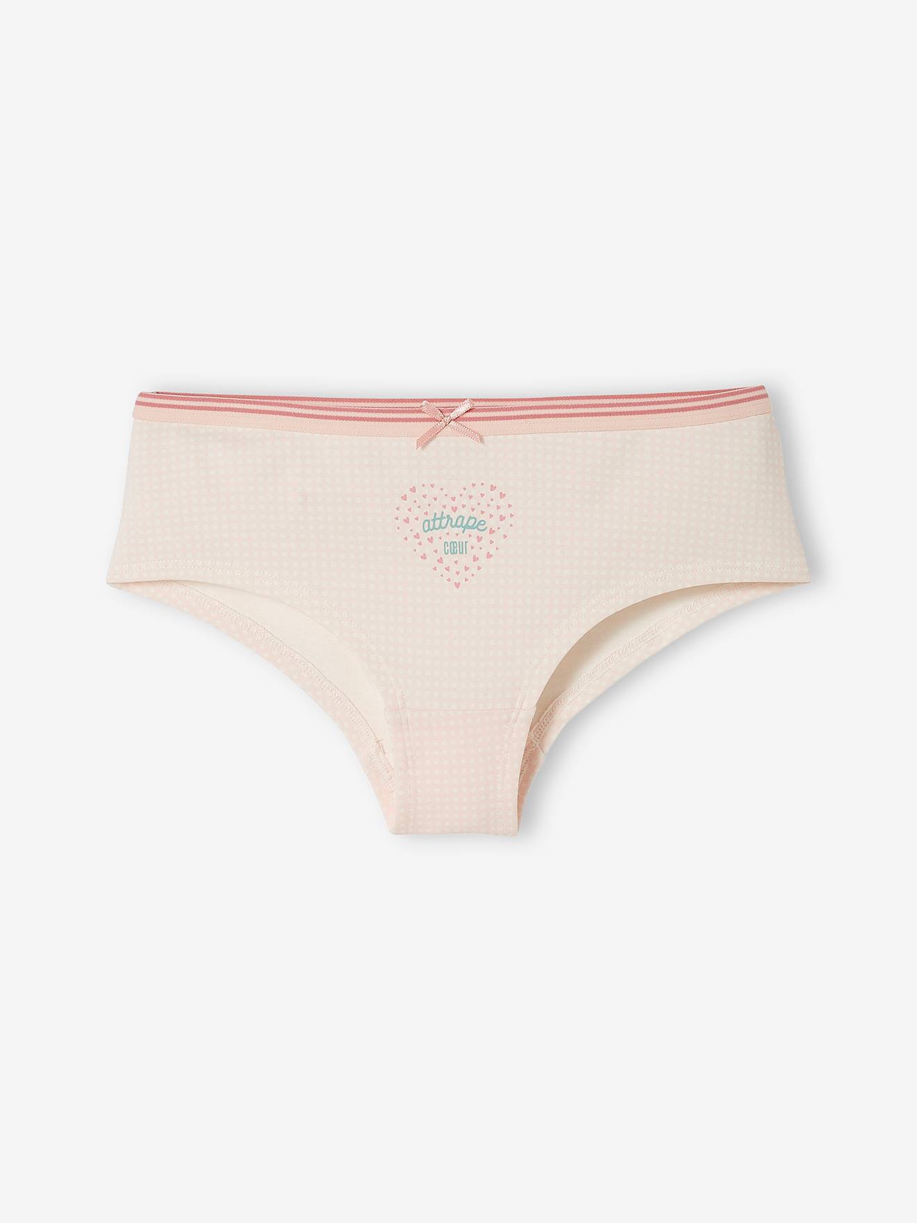 Pacote com 5 calcinhas curtas com estampa de corações, rosa claro, para meninas.