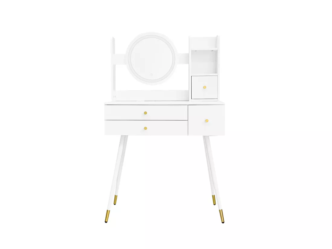 Coiffeuse - rangements & miroir à LED réglable - MDF - Blanc (tabouret non inclus)