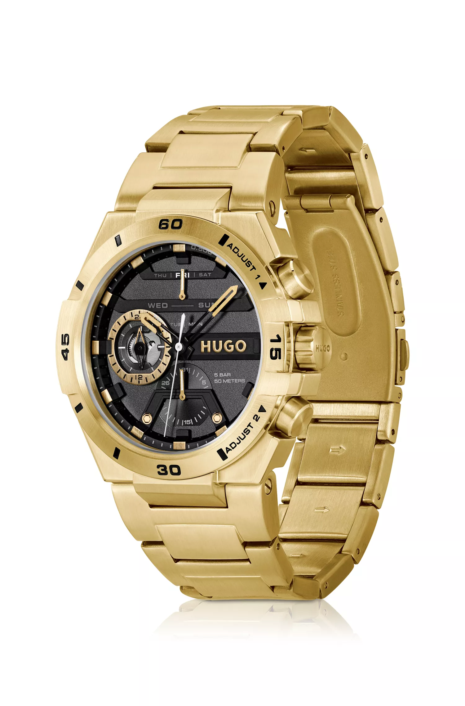 Relógio HUGO com mostrador vermelho e preto em aço com acabamento em tom de ouro amarelo.