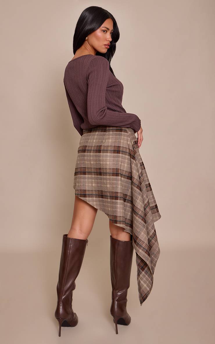 Marron Jupe Mini Asymétrique Tissée Brossée À Carreaux