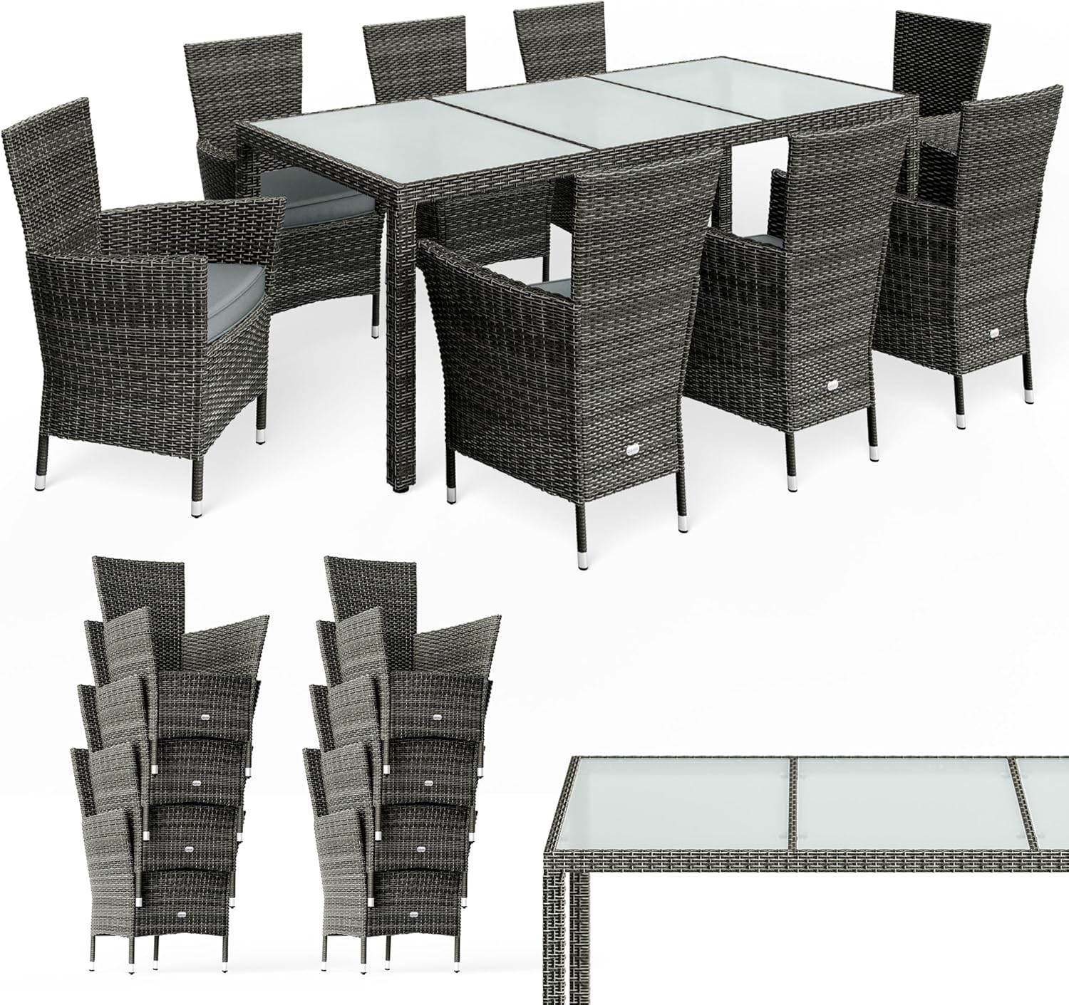 Casaria® Gartenmöbel Polyrattan 8 Stühle Stapelbar 190x90cm Gartentisch Glas Wetterfest Outdoor Modern Terrasse Sitzgruppe Essgruppe Garnitur Set Grau