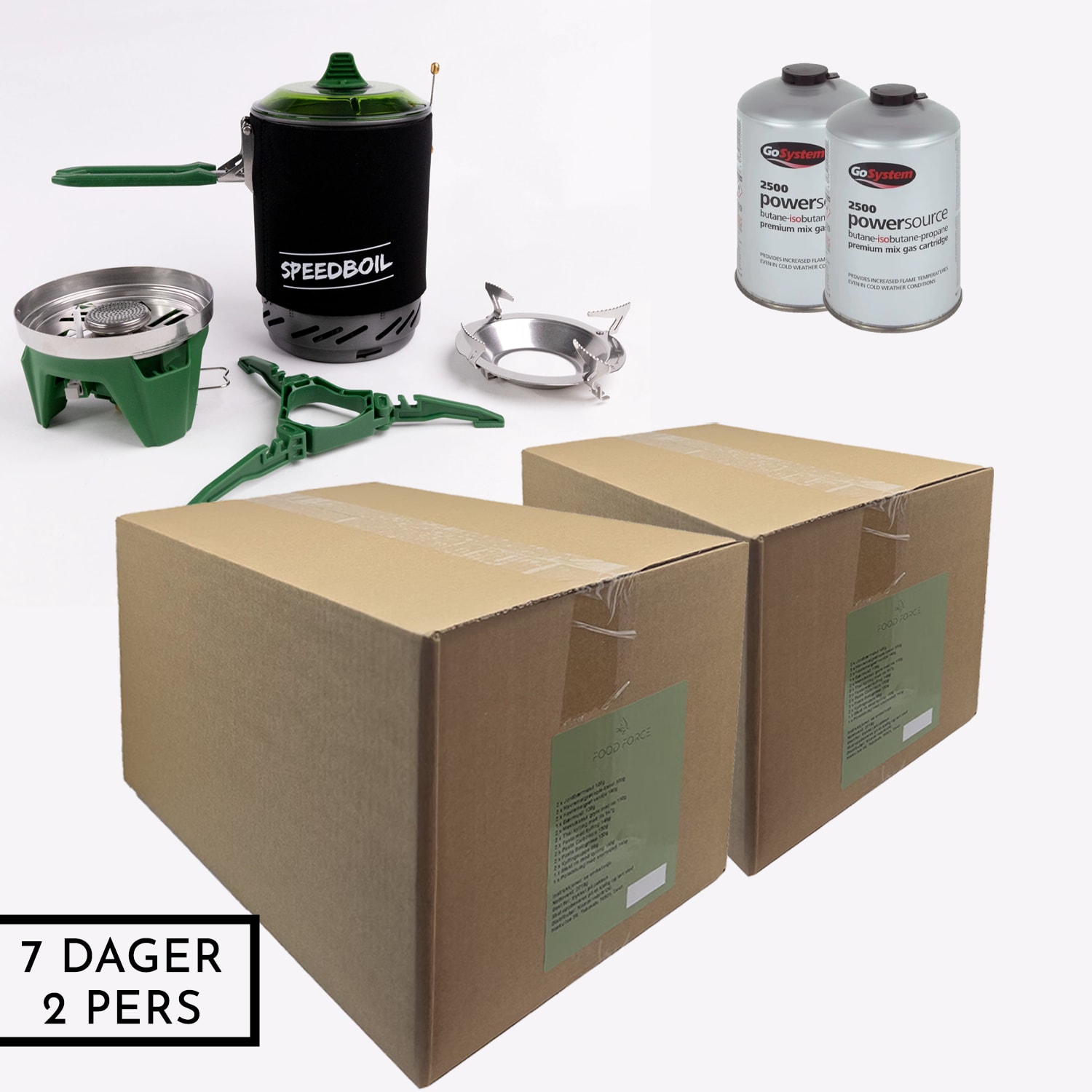 Beredskapspakke - 7 dager - 2 pers<br>42 måltider + kokesystem + 2 x gass