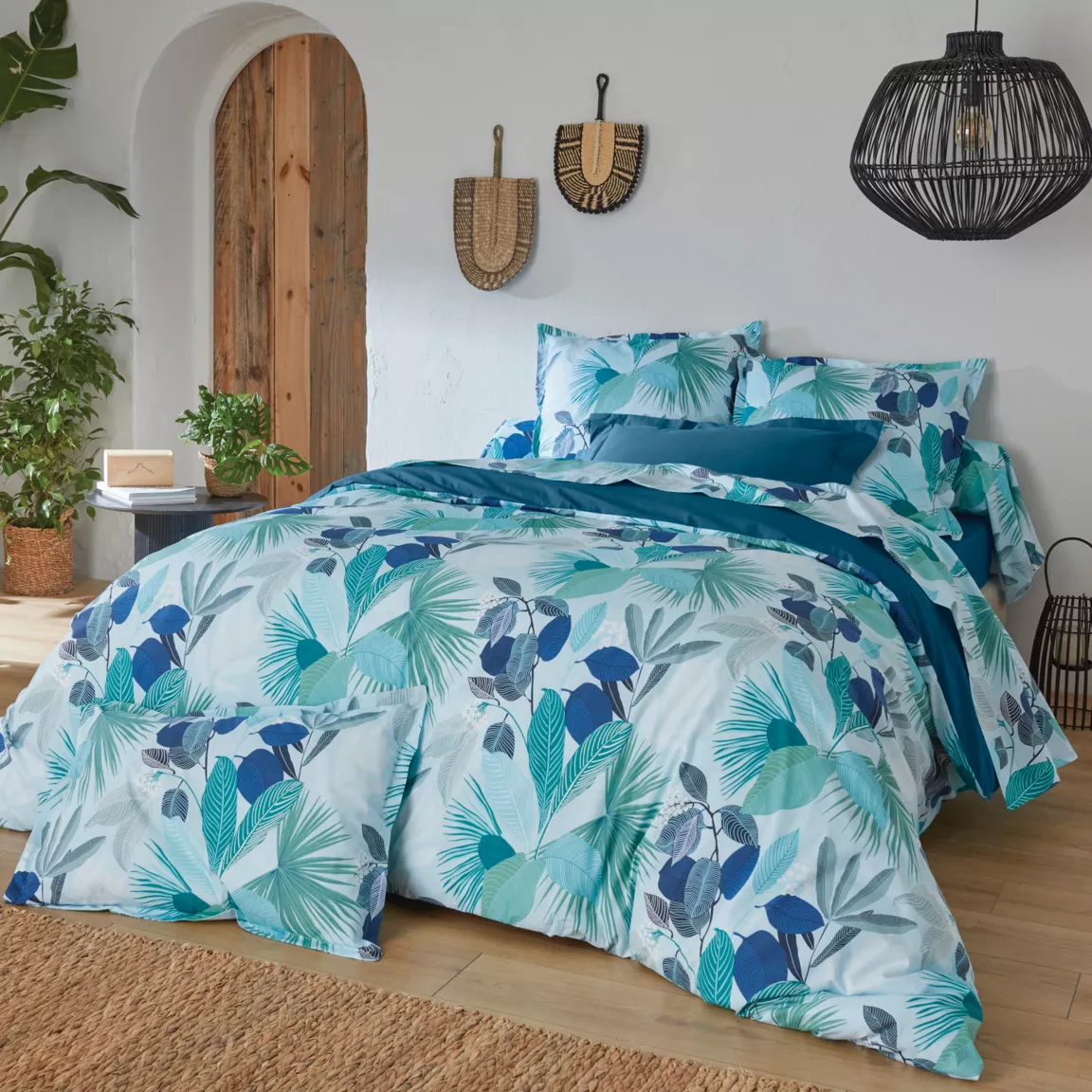 Taie de traversin percale de coton (L200 cm) Moorea Bleue