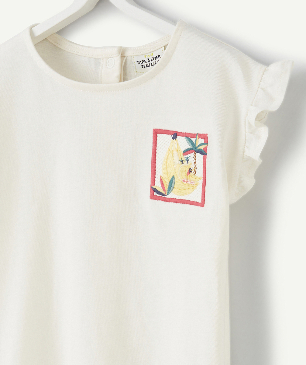 T-SHIRT ANTI-UV BÉBÉ FILLE EN COTON BIO ÉCRU AVEC BRODERIE ET VOLANTS