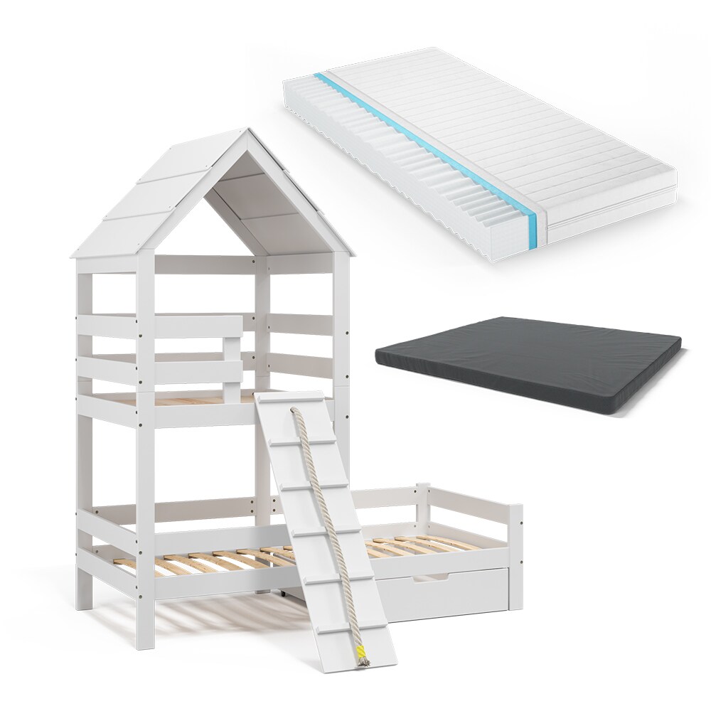 VitaliSpa Spielturmbett Kinderbett Spielbett Teddy Weiß modern 208x235 cm Massivholz Kinderzimmer Lattenrost Bett Schublade Matratze Abenteuerbett Kletterbett