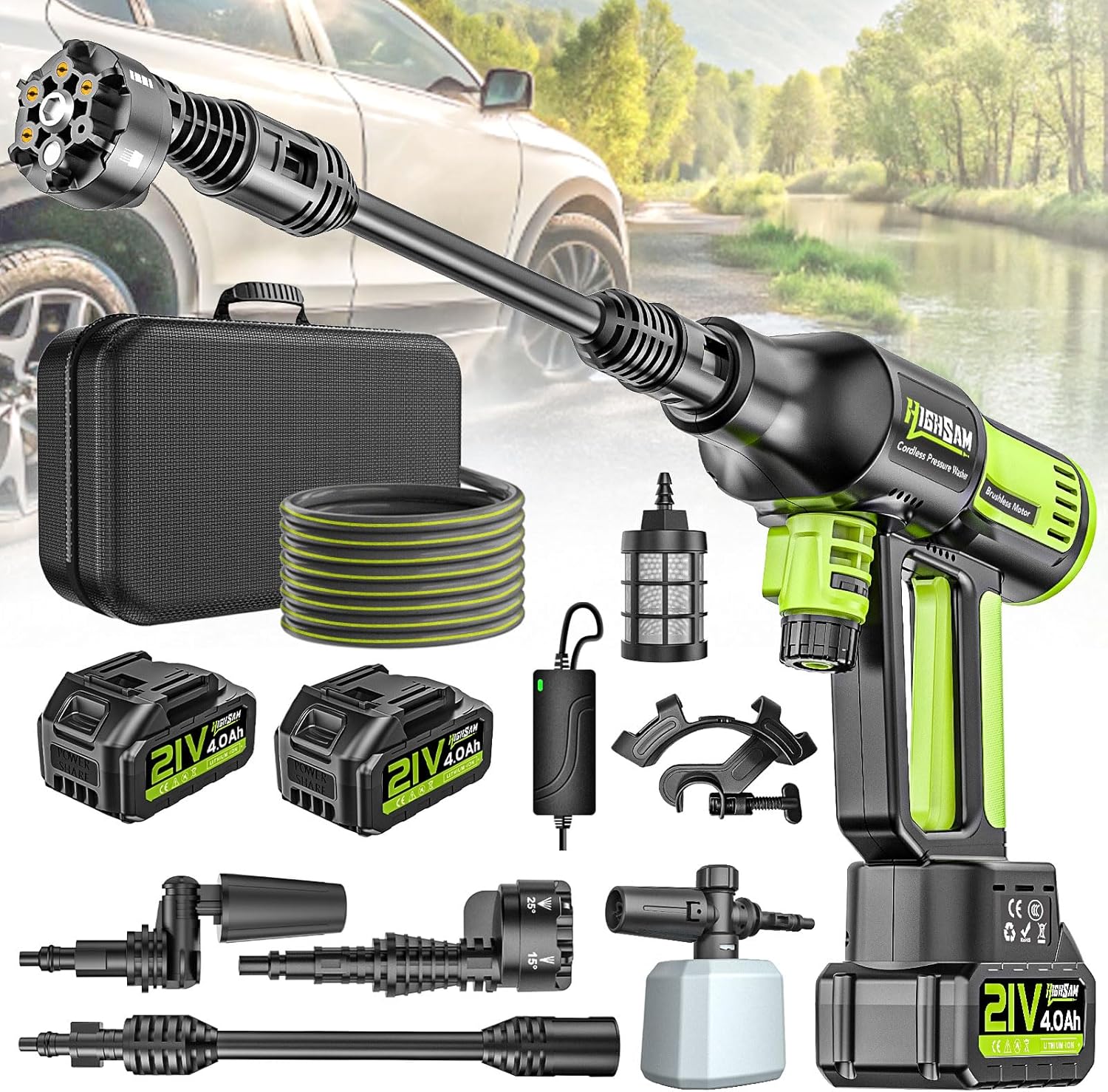 Akku Hochdruckreiniger, highsam Pressure Washer 4-Gang-Modus Max 120Bar, Druckreiniger Mobiler mit 2x4.0Ah Batterien, 6-in-1und 180° Drehbare Düse, Schaumsprüher, 5M Schlauch | Reinigung Bewässerung