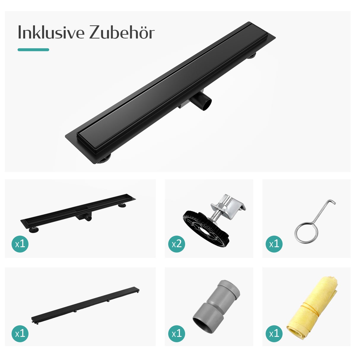 EMKE RVS doucheafvoer 2-in-1 complete set, 600 mm, betegelbaar, extra plat, zwart met haarzeef en sifon - Standaardmaat adapter 40/50 mm, installatiehoogte 77-96 mm, waterstroom 30 l/min.