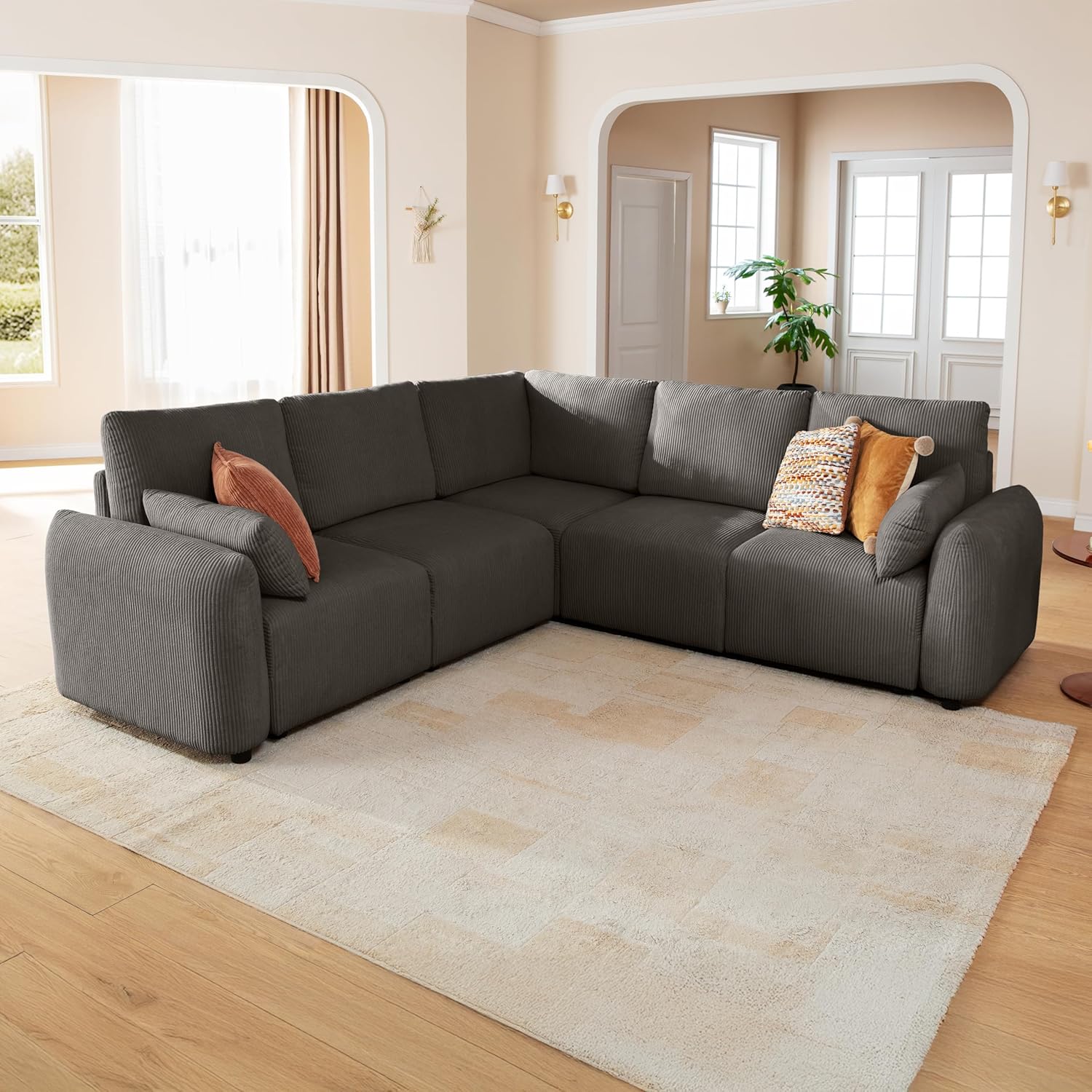 Modulares Ecksofa 245cm, modernes Cord-Schlafsofa in L-Form, 5 Sziter individuell konfigurierbare Wohnlandschaft, hochdichter Memory-Schaum, abnehmbare & waschbare Kissenbezüge, Grau