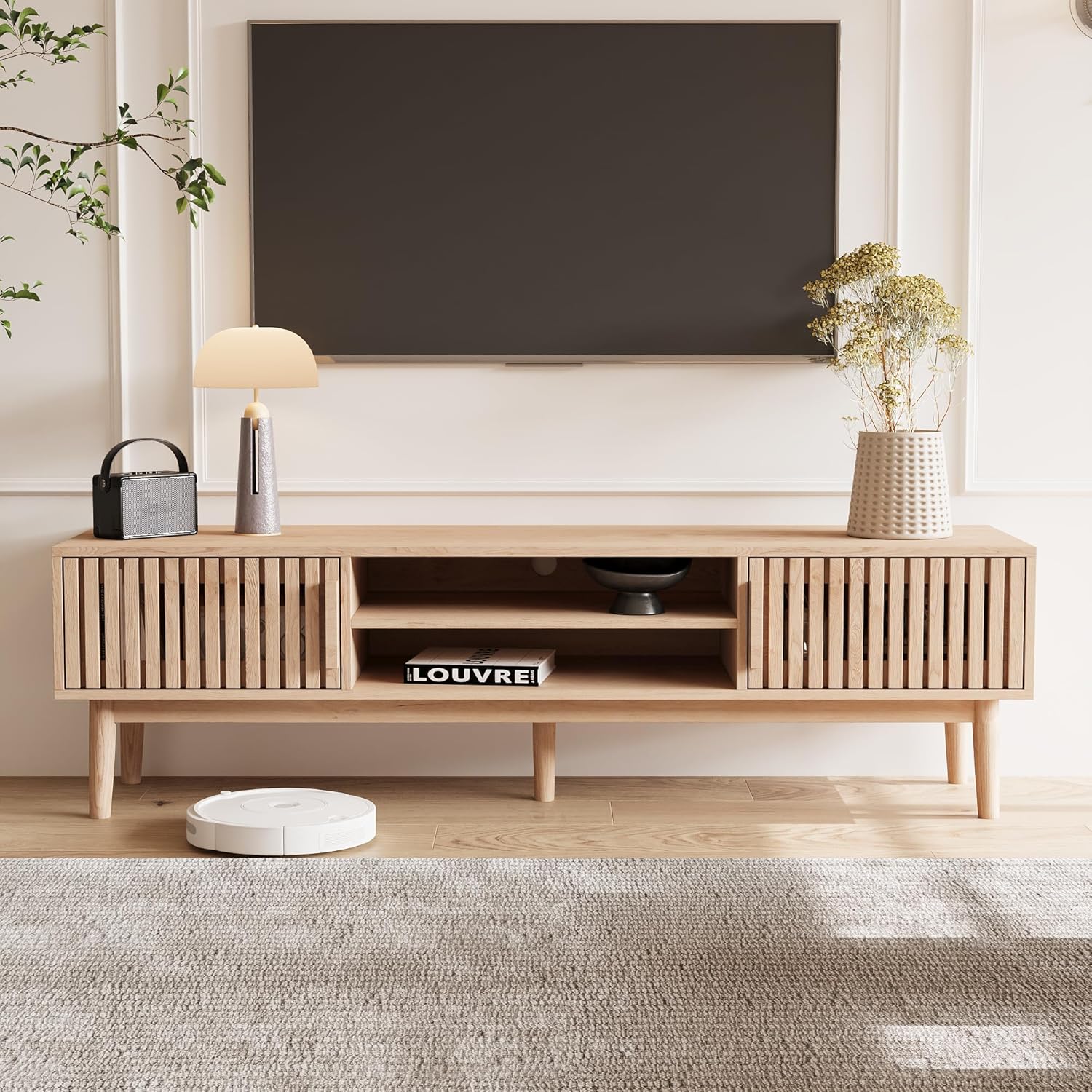 TV-Schrank 150 cm, TV Stand mit 2 Schränken und offenen Regalen, Holz TV Ständer Schrank, TV-Möbel für Wohnzimmer (TV-Ständer)
