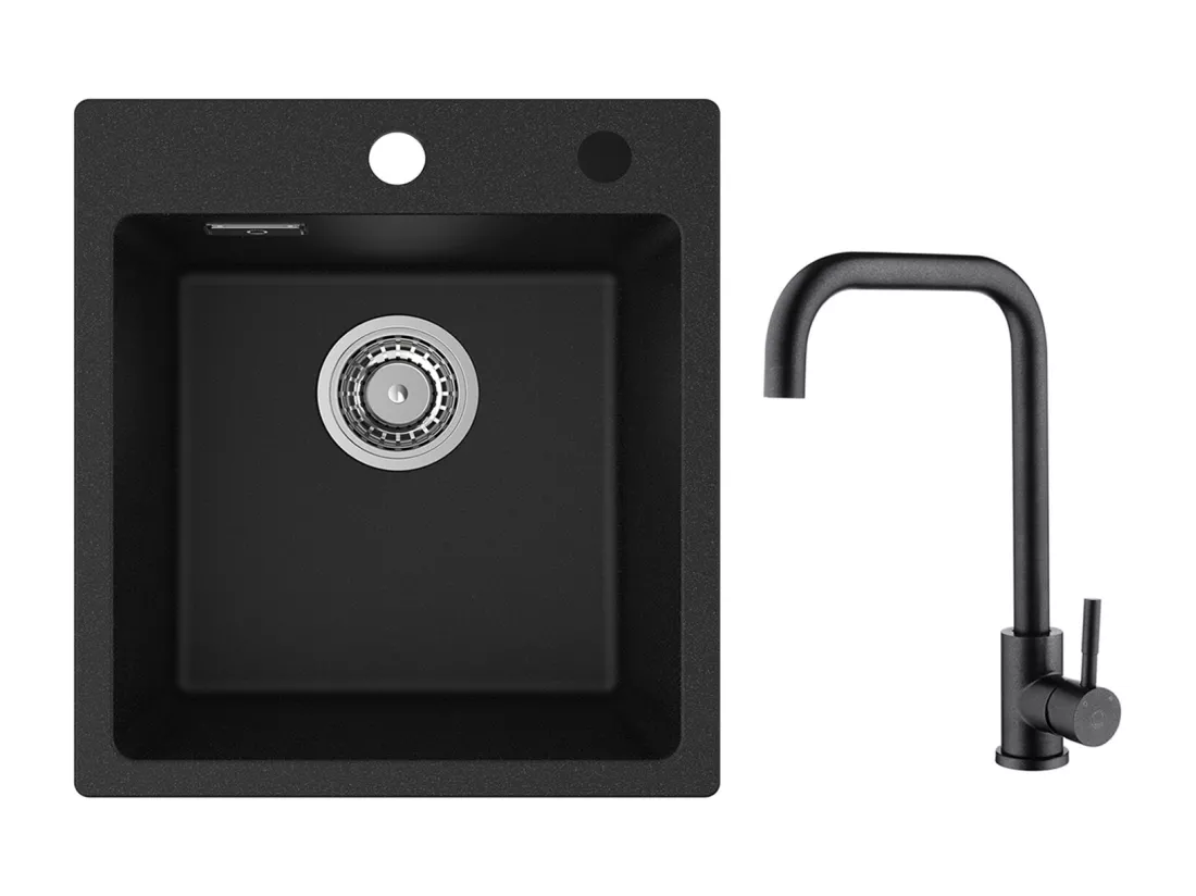 Cecipa MAX 40x45cm Noir Evier de Cuisine en Quartz et Résine Evier 1 Bac + Mitigeur de Cuisine en Inox Noir étoilé avec Bec Haut et Incurvé