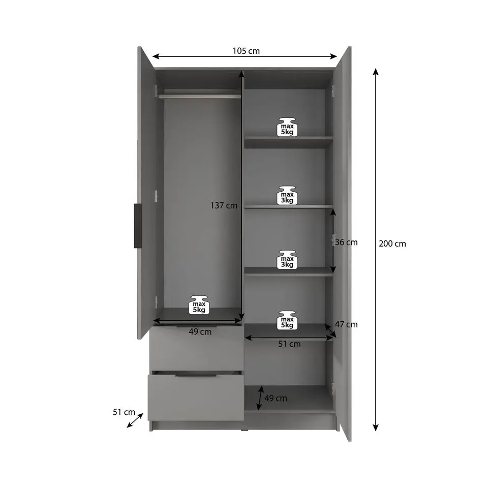 Meubella - Kledingkast Nairobi - Antraciet - Eiken - 105 cm