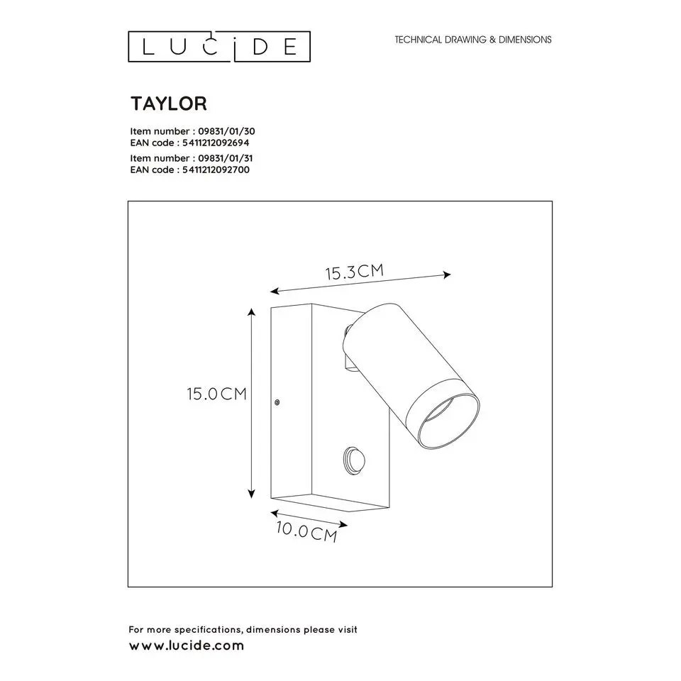 Lucide TAYLOR Wandspot - Zwart