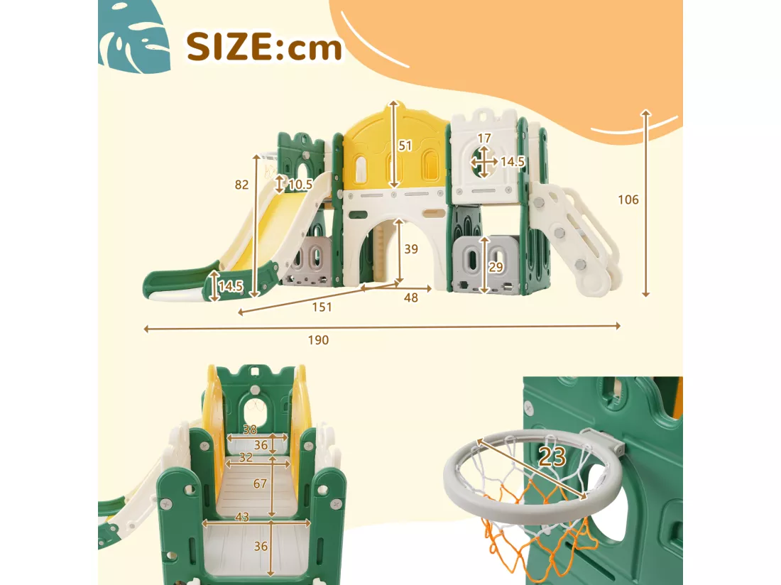 Toboggan pour enfants 6 en 1 - Avec panier de basket, toboggan, tour d'escalade, en PEHD (balles de mer non exclues) - Vert
