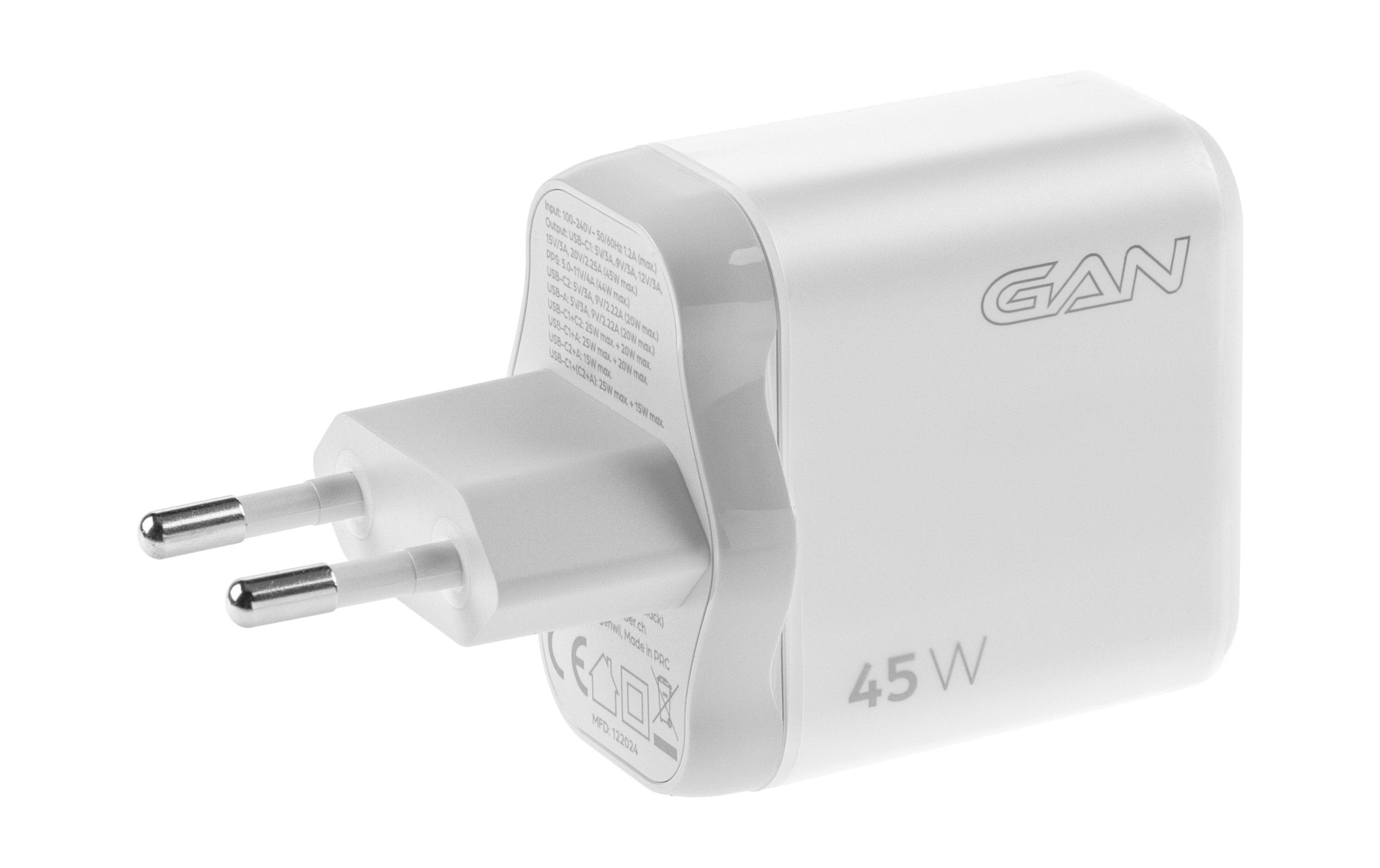 USB-Wandladegerät Triple 2C1A 45 W GaN WeissLadeadapter mit zwei USB-C-Ports und einem USB-A-Port