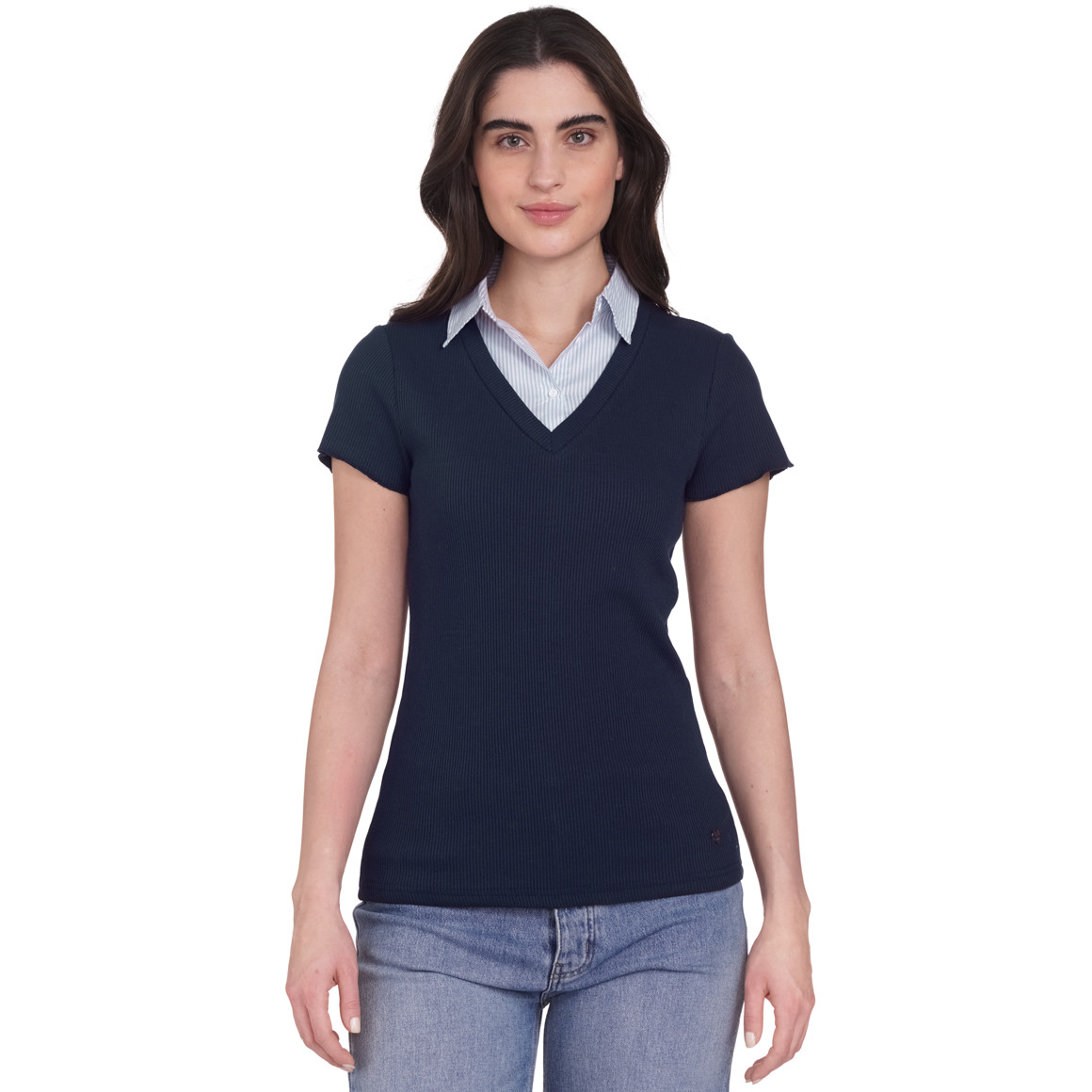 Gina Damen Blusen-Shirt mit Hemdkragen dunkelblau / hellblau / weiss