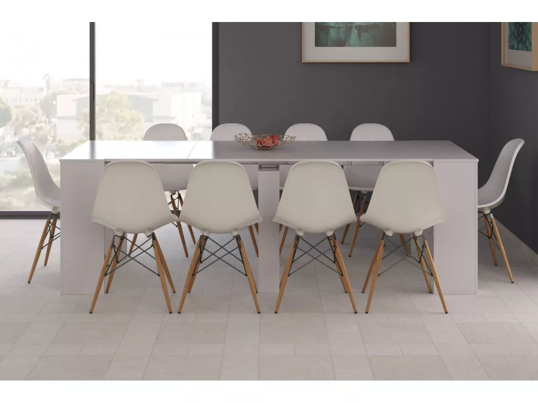 Console Diluna, Table à manger extensible, Table avec rallonges polyvalentes extensible jusqu'à 10 places, 51/237x90h78 cm, Blanc Brillant