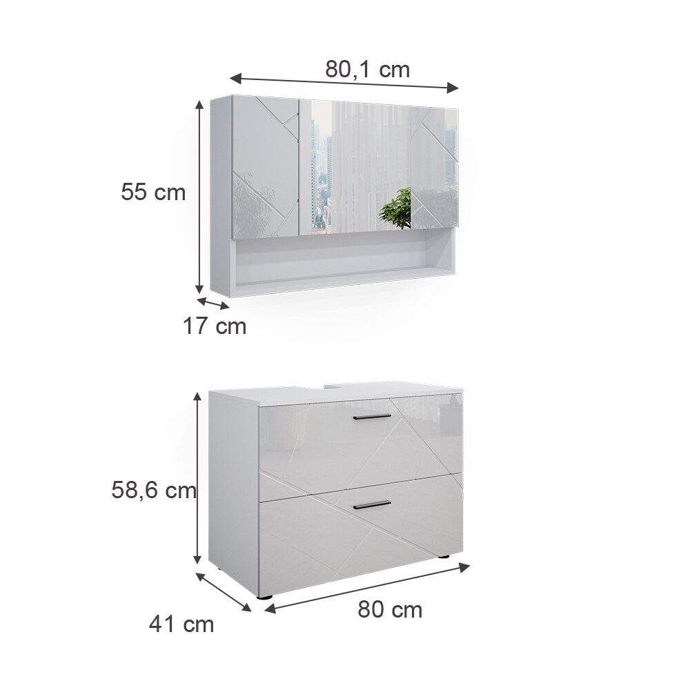 Vicco Badmöbelset Irma Weiß Hochglanz modern 80 cm Badezimmerschrank Badschrank Badezimmermöbel Waschtischunterschrank Spiegelschrank Schranktür Schrankfach Schrankschublade Ablage Aufbewahrung