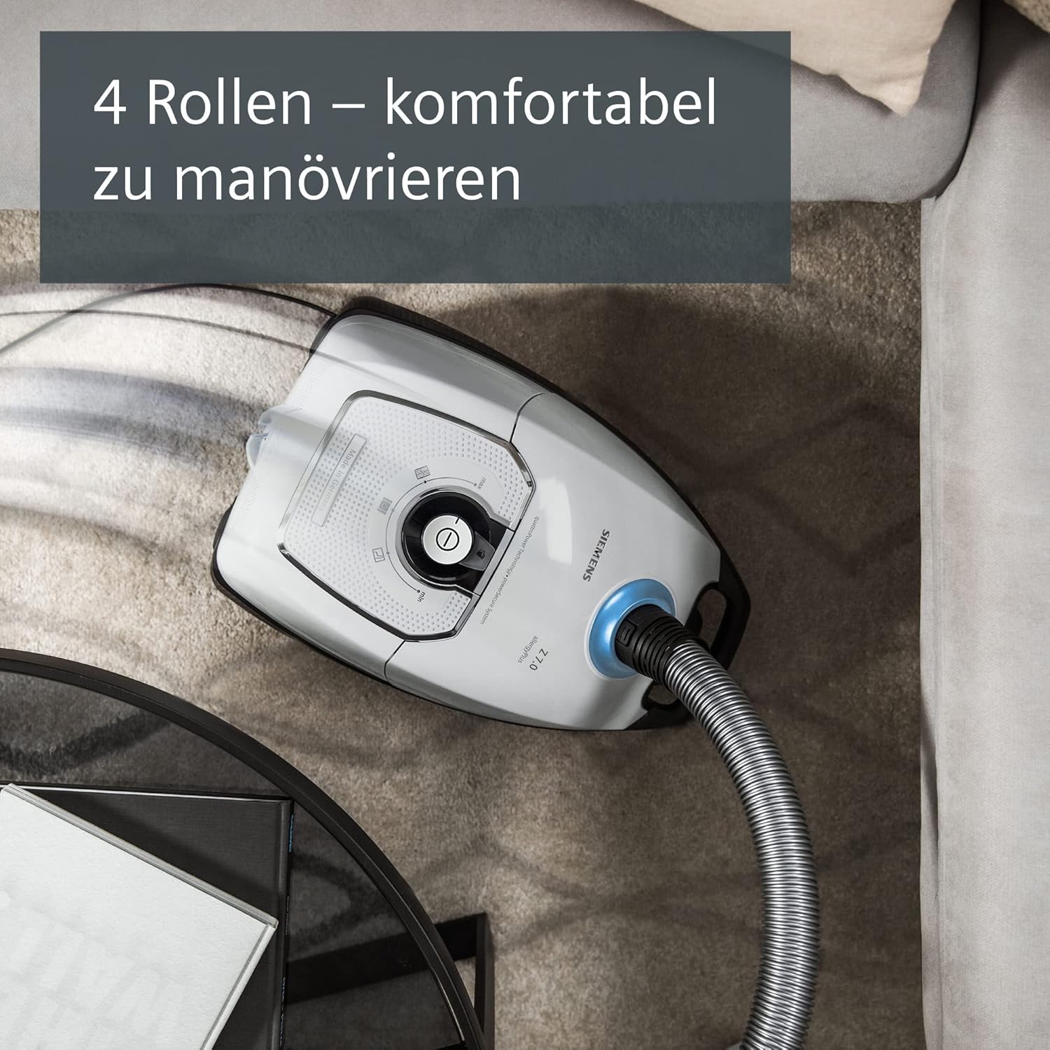 Siemens Staubsauger mit Beutel Z 7.0 VSZ7442S, ideal für Allergiker, Hygiene-Filter Plus, extrem leise, Bodendüse für Parkett, Teppich, Fliesen, langes Kabel, XXL-Polsterdüse, Fugendüse, 650 W, weiß