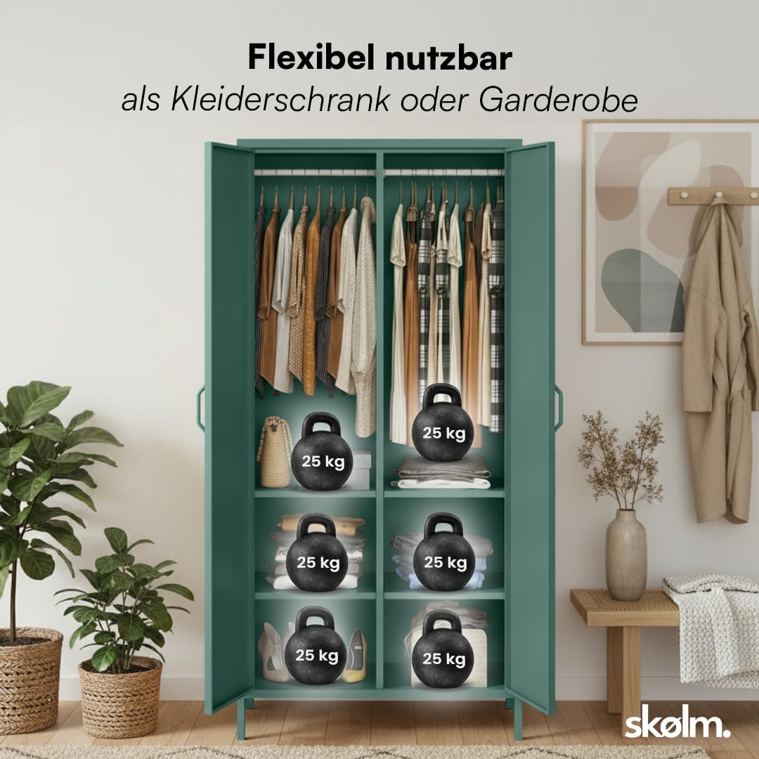 skølm Atria Kleiderschrank Metall – Metallschrank mit 6 Fächern & 2 Kleiderstangen – Garderobenschrank in Dunkelgrün – Metallkleiderschrank 80 cm breit – Schlafzimmerschrank – Industrial Schrank Flur