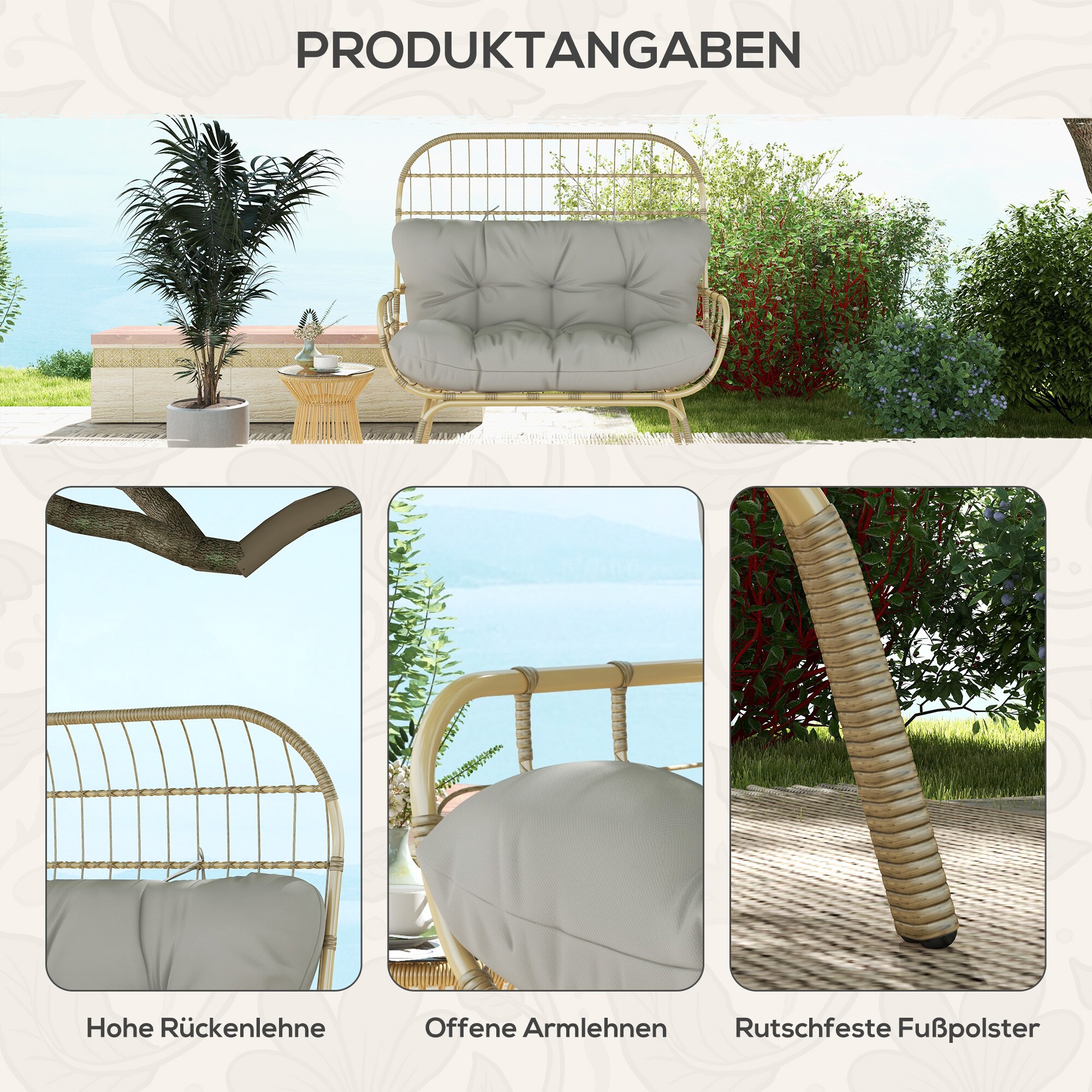 Outsunny 2er Gartenbank mit hoher Rückenlehne und Polsterkissen grau 126L x 72B x 126Hcm