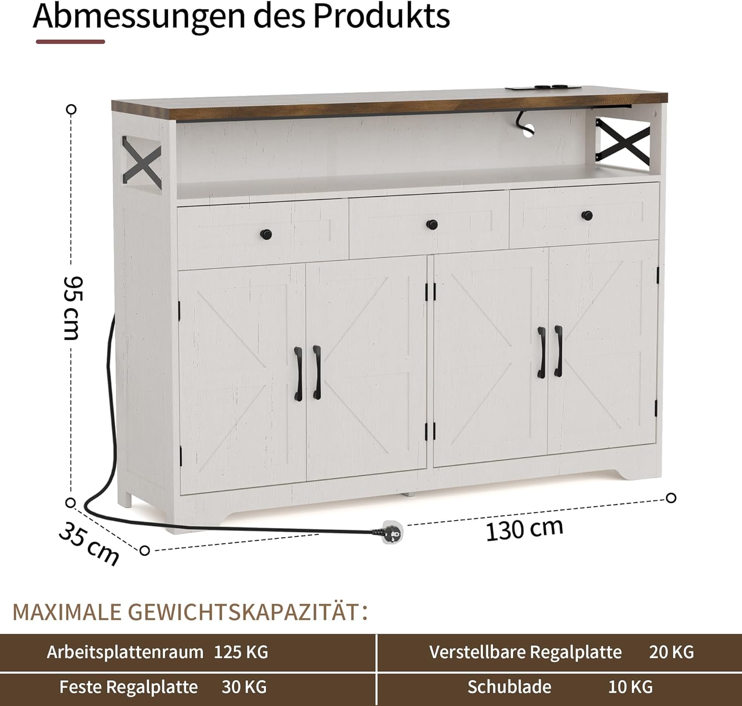 Sideboard, Küchenschrank mit Schubladen, Aufbewahrungsschrank, Anrichte mit Offenem Regal, Kaffeebar Schrank für Küche, Esszimmer, Wohnzimmer, 130 x 35 x 95cm, Cremeweiß in Holzoptik