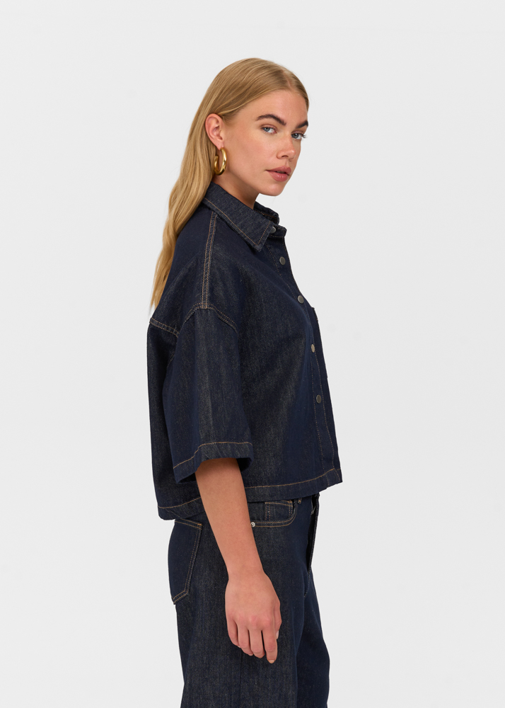 Denim blouse korte mouw marine blauw
