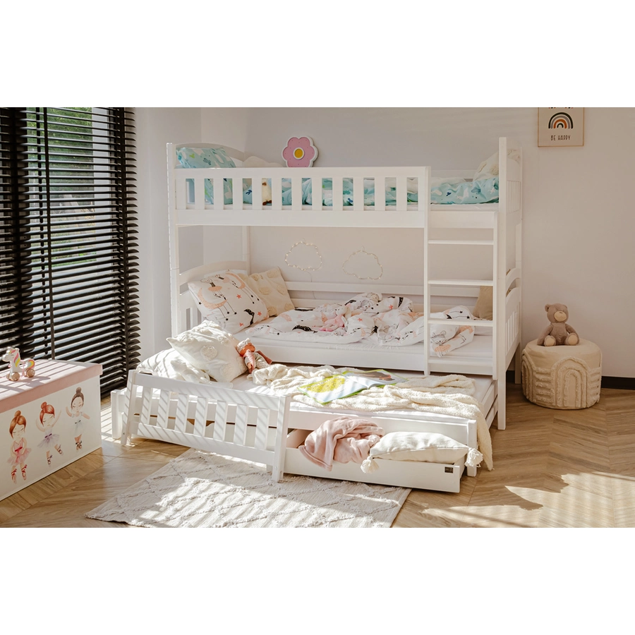 Kids Collective Hochbett 90x200 mit Ausziehbett Etagenbett mit Ausziehfunktion, 2 Schubladen weiß mit 3 Matratzen