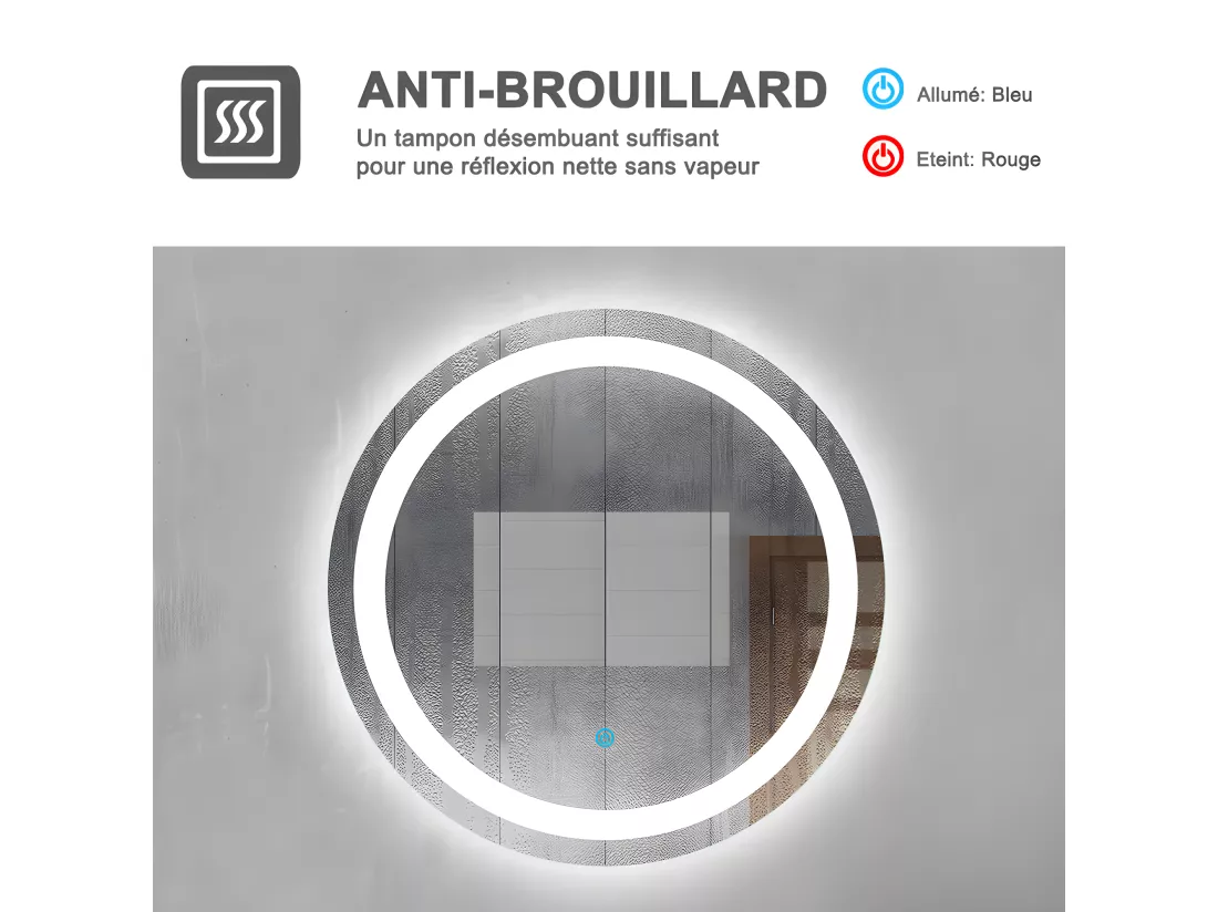 Miroir de Salle de Bain Rond Avec leds et Anti-buée Blanc Froid, ○ 60cm Aica