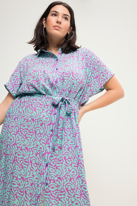 Hemdblusen-Midikleid, oversized, zweifarbiger Print, Bindegürtel