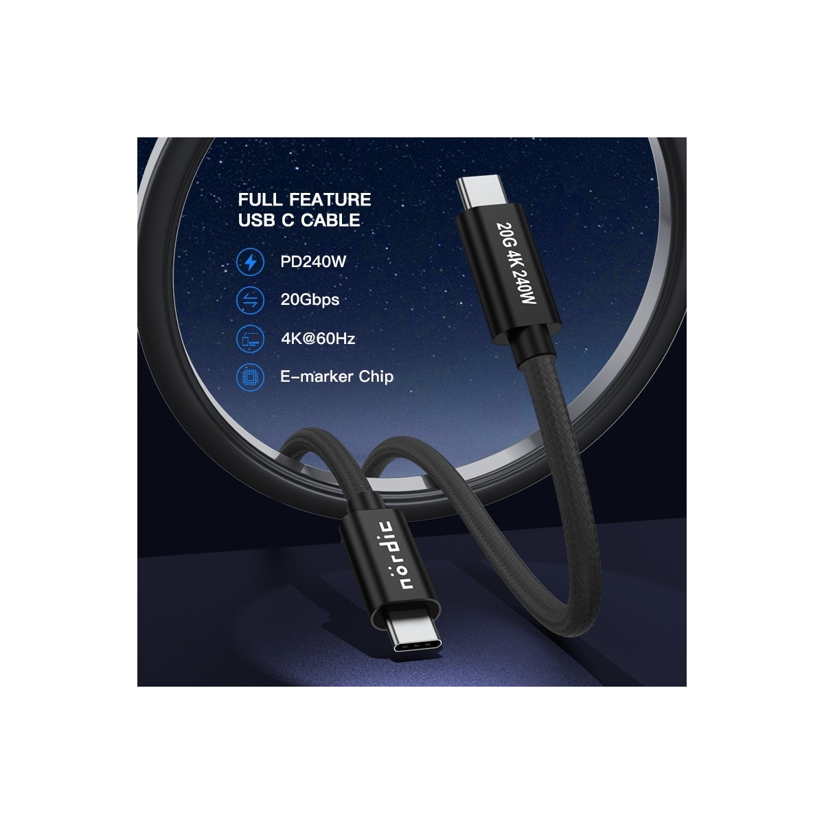 NÖRDIC 2m USB 3.2 Gen 2 USB-C til C nylonflettet kabel PD3.1 240W 20G 4K60Hz svart