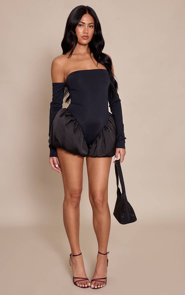 Noir Combinaison Bandeau À Manches Longues Bouffantes Avec Détail Boule