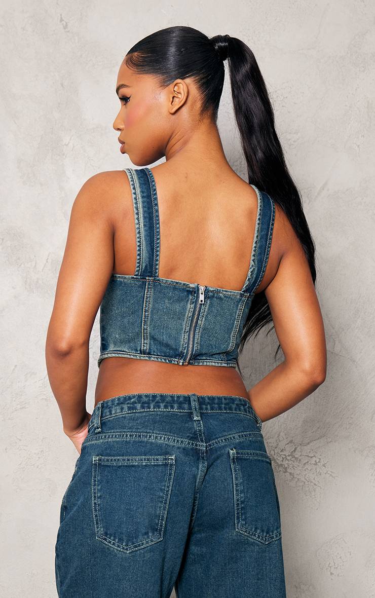 Délavage Vintage Corset En Denim À Ourlet Asymétrique Et Bonnets Bustier