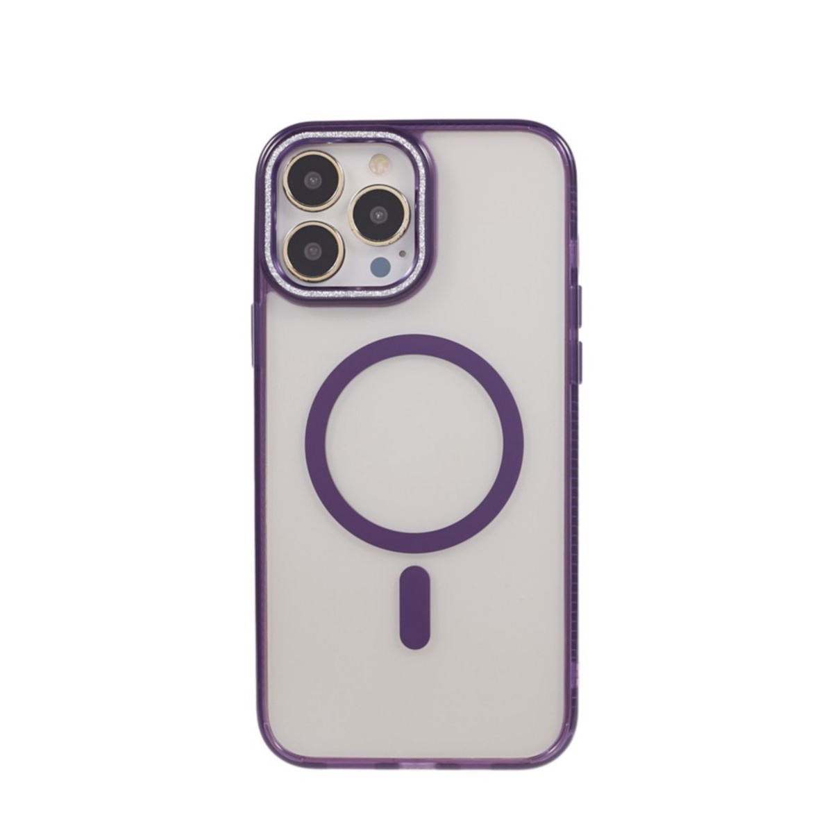 iPhone 14 Pro Max MagSafe Gummi Case Hülle mit Glitzer Aluminium Kameraschutz - Lila / Transparent