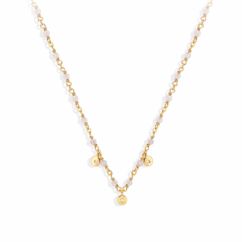 Collier Argent Doré Petites Pampilles Serties Et Pierre De Lune Blanche
