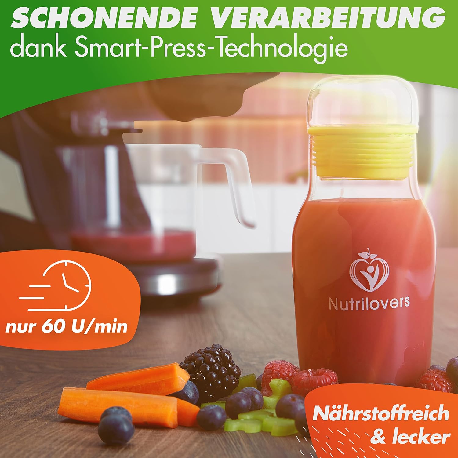 Nutrilovers Entsafter Slow Juicer MINI-PRESS Obst und Gemüse - Deutsche Marke - Kompaktes Design Edelstahl, 100% BPA-frei, Leichte Reinigung - Inkl. Rezepte-Ebook + Nutri-App