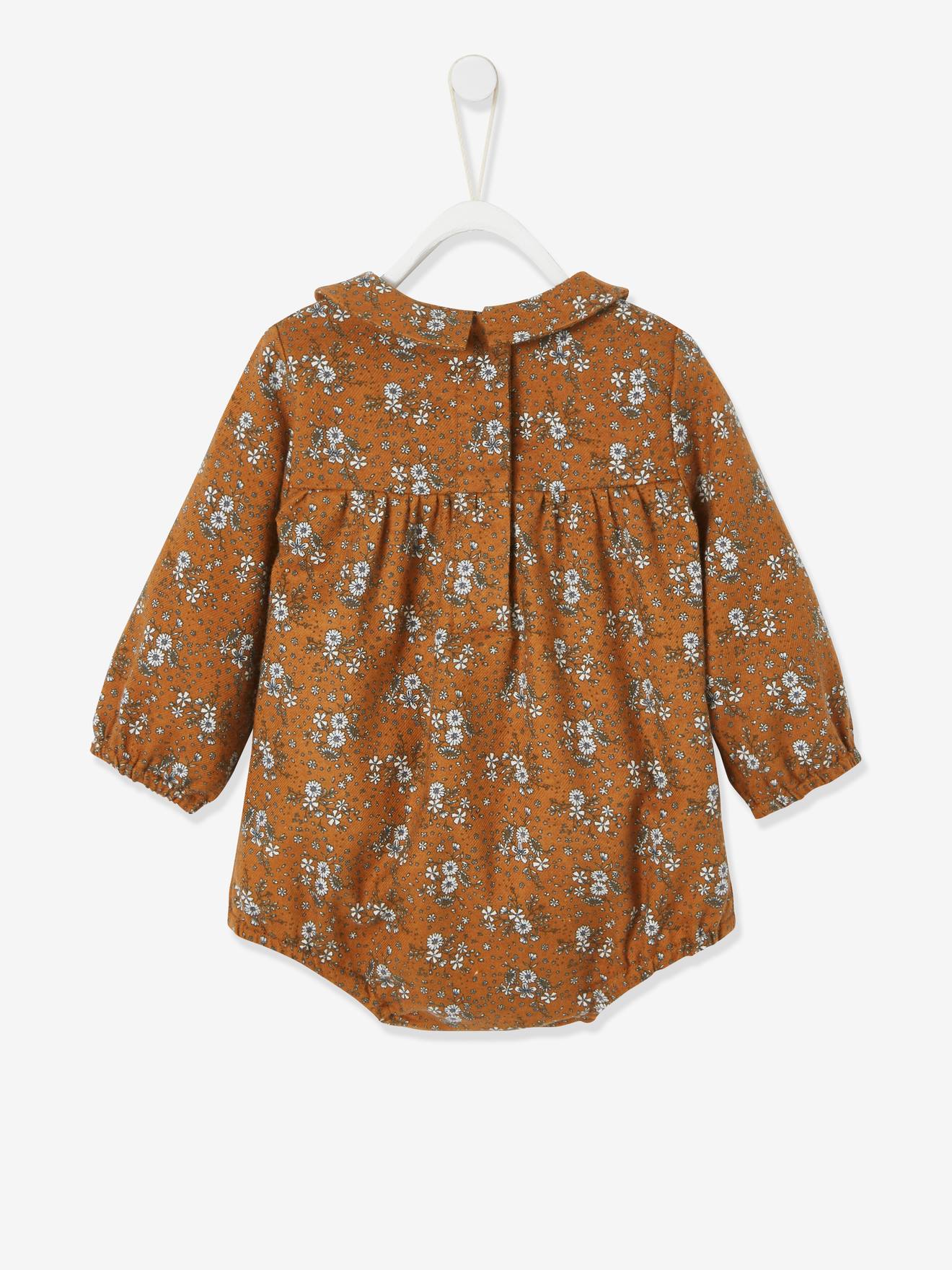 Macacão de manga comprida com estampa floral para bebê, marrom médio.