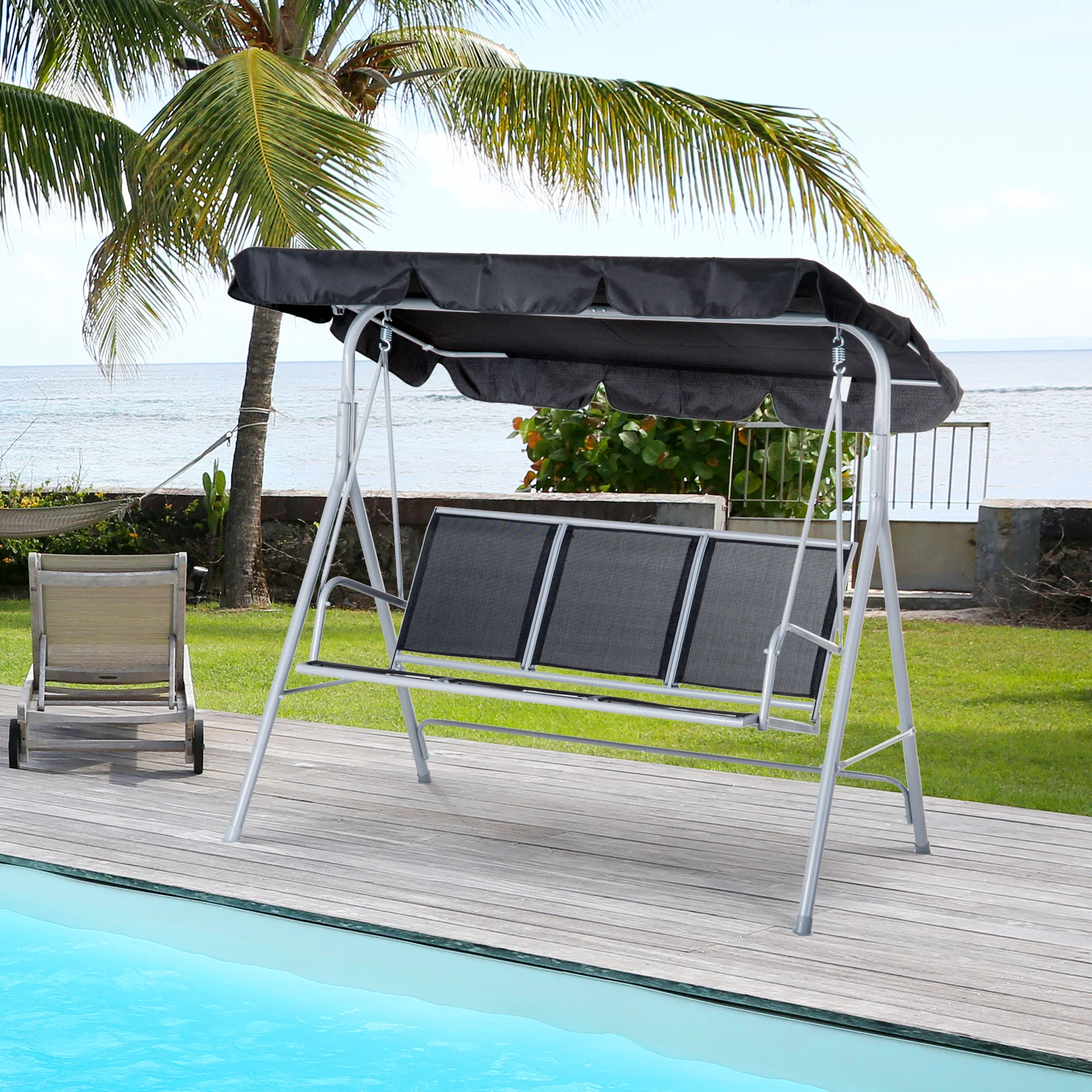 Balanço de jardim Outsunny para 3 pessoas, com cobertura ajustável, encosto respirável e estrutura metálica, ideal para varandas e pátios. Capacidade de carga de 240 kg, dimensões: 171 x 108 x 154 cm, cor preta.